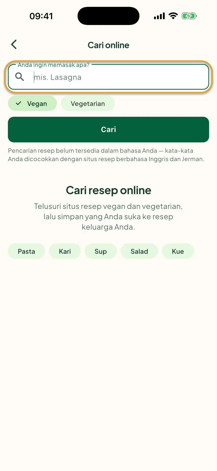 Layar Cari online. Kolom Anda ingin memasak apa? dilingkari.