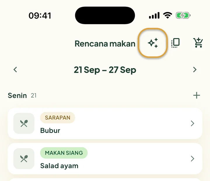 Bagian atas Rencana makan. Tombol kilau di sebelah tombol salin dilingkari.