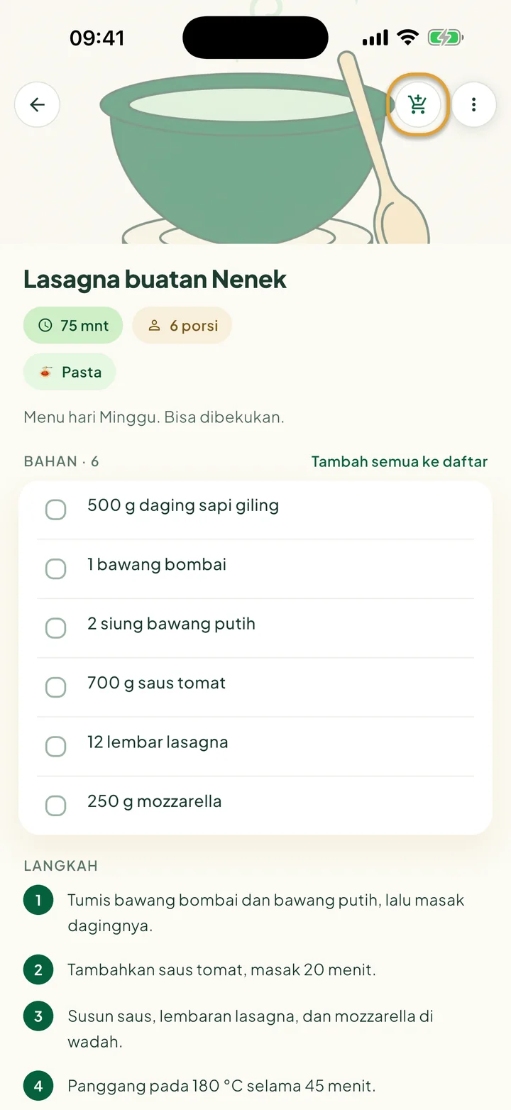 Sebuah resep dengan bahan-bahannya. Tombol troli belanja di atas dilingkari.