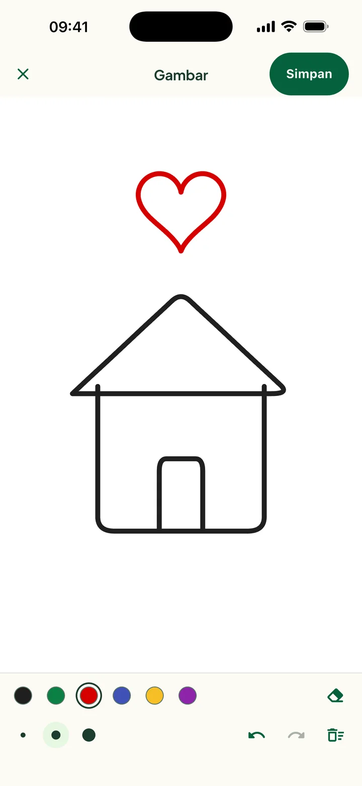 Papan gambar dengan rumah dan hati: enam warna, tiga ketebalan garis, penghapus, urungkan, dan ulangi.