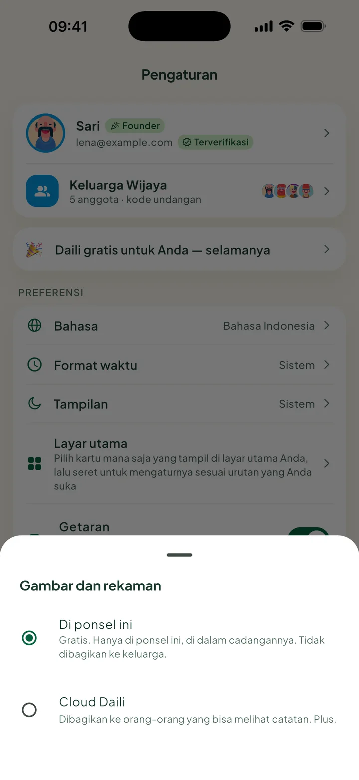 Gambar dan rekaman, dengan Di ponsel ini dipilih dan Cloud Daili di bawahnya.