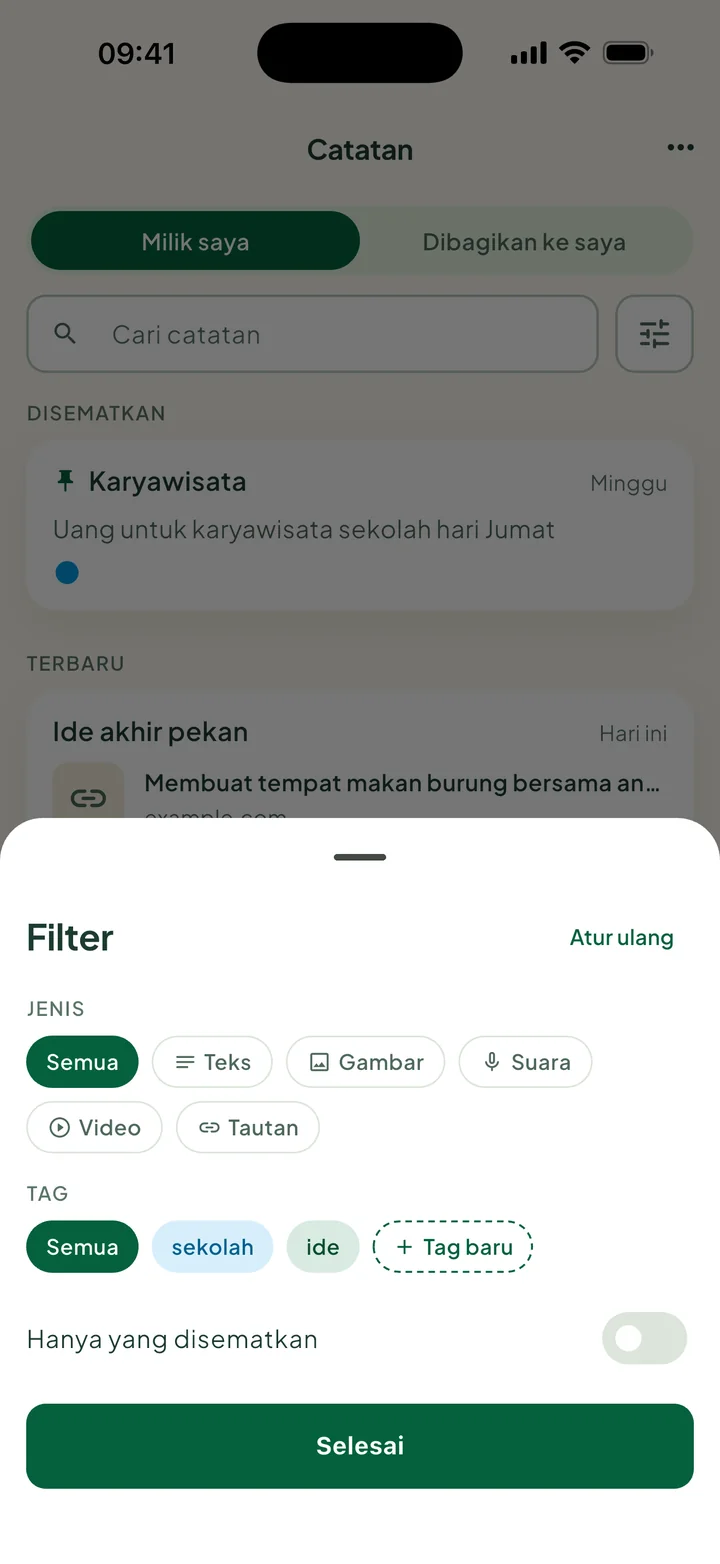 Lembar Filter: Jenis, Tag dengan Tag baru, dan Hanya yang disematkan.