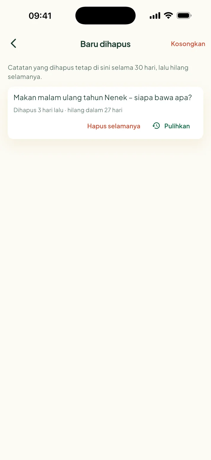 Baru dihapus. Satu catatan, hilang dalam 27 hari, dengan Hapus selamanya dan Pulihkan.