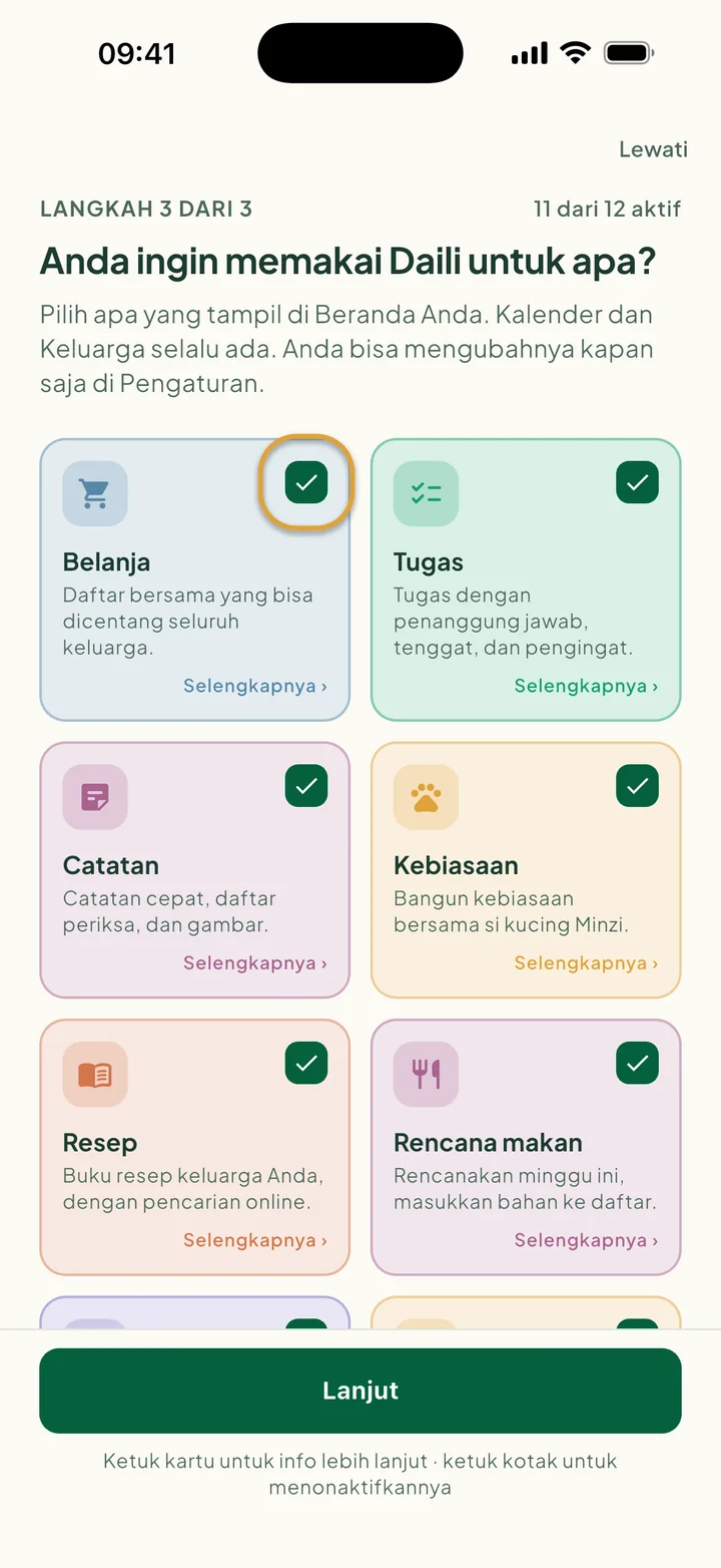 Kartu-kartu fitur. Kotak di kartu Belanja dilingkari.
