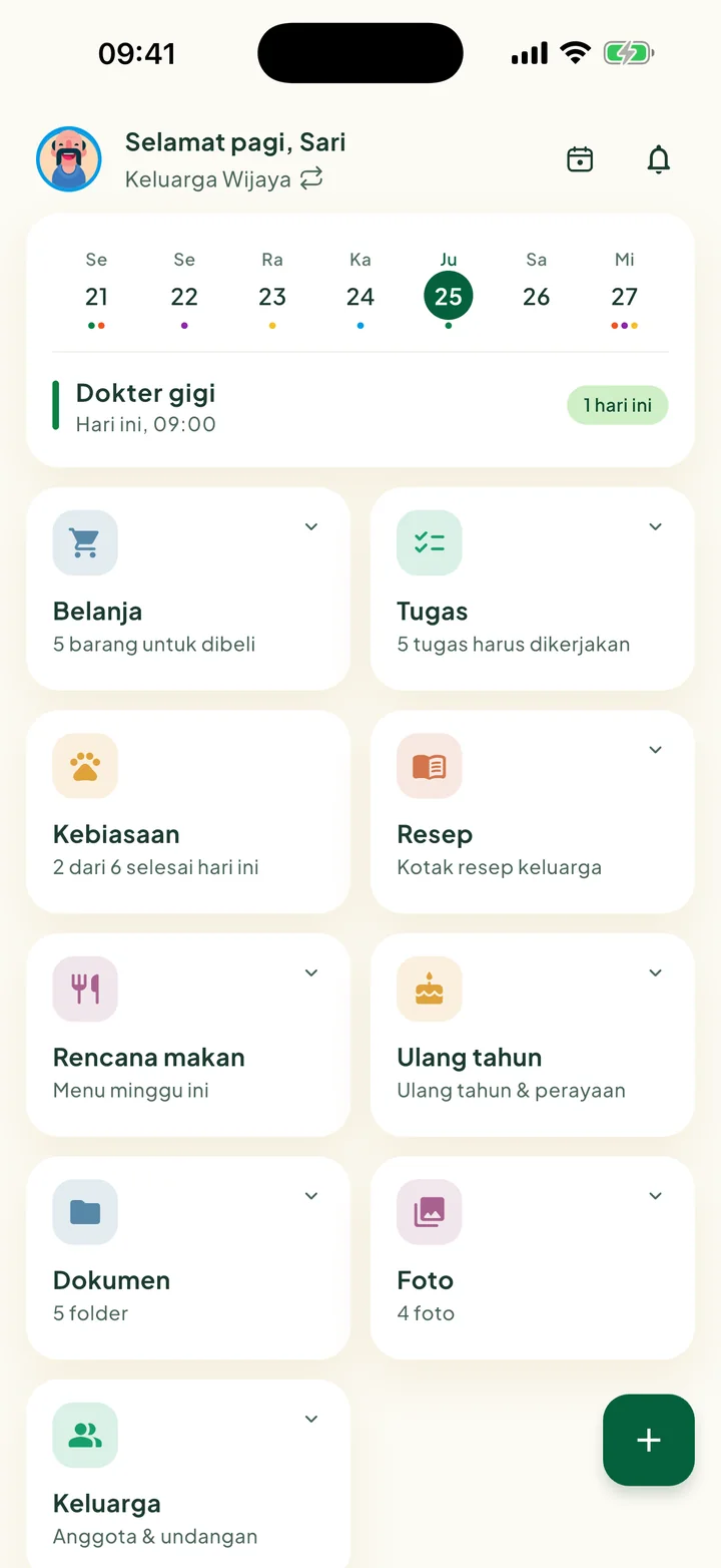 Beranda dengan kartu minggu dan kartu-kartu bagian