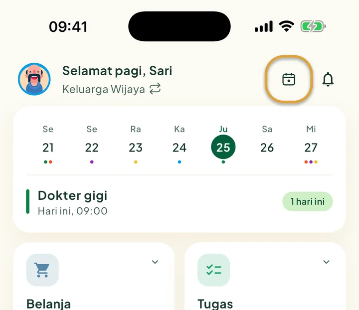 Bagian atas Beranda. Tombol Hari ini di sebelah lonceng dilingkari.