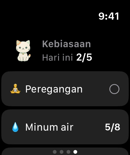 Halaman Kebiasaan di jam: Minzi, 2 dari 5 selesai hari ini, dan kebiasaan pertama.