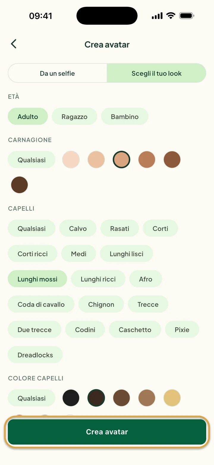 Scegli il tuo look con Adulto, una carnagione e i capelli Lunghi mossi e Castano scuro scelti. Crea avatar è cerchiato.