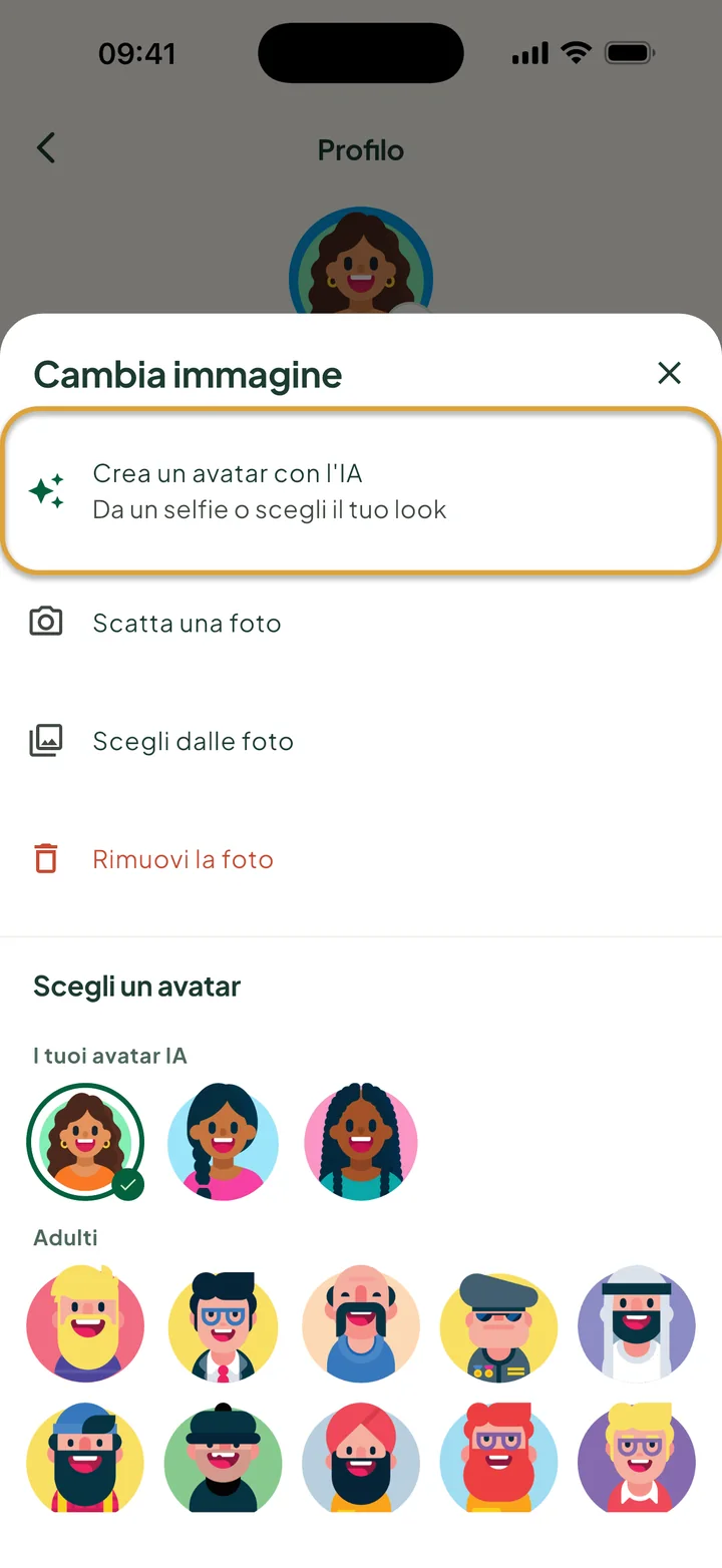 Il pannello Cambia immagine. Crea un avatar con l'IA è cerchiato. Sotto Scegli un avatar, I tuoi avatar IA mostra tre versioni.