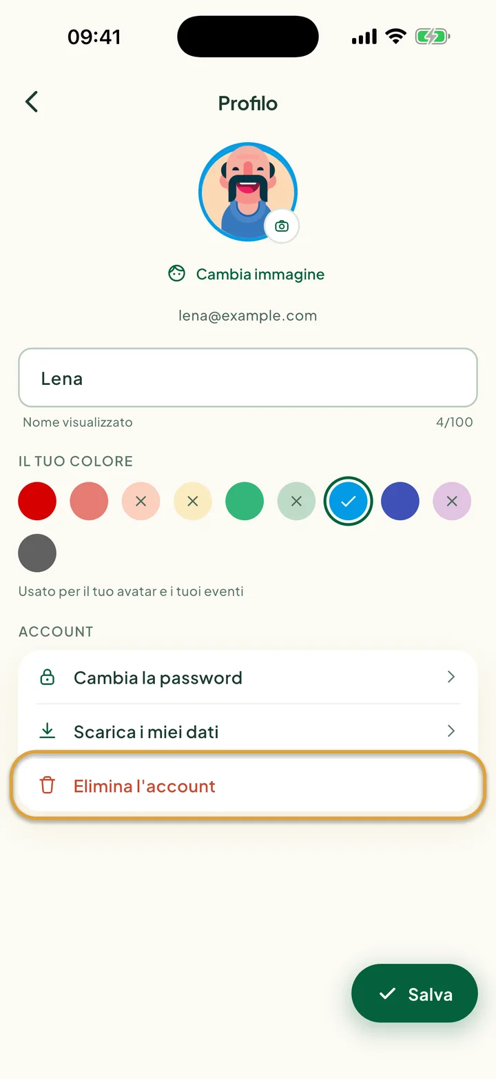 La schermata Profilo. Elimina l'account, l'ultima riga sotto Account, è cerchiato.
