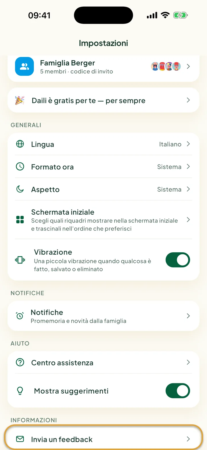 La schermata Impostazioni. Invia un feedback, sotto Informazioni, è cerchiato.