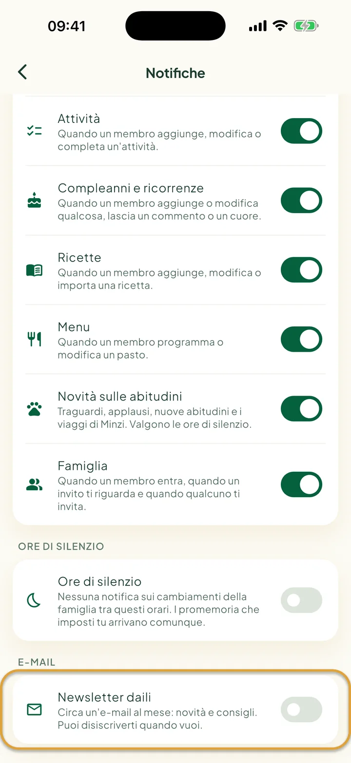 La parte bassa della schermata Notifiche. L'interruttore Newsletter daili, sotto E-mail, è cerchiato.
