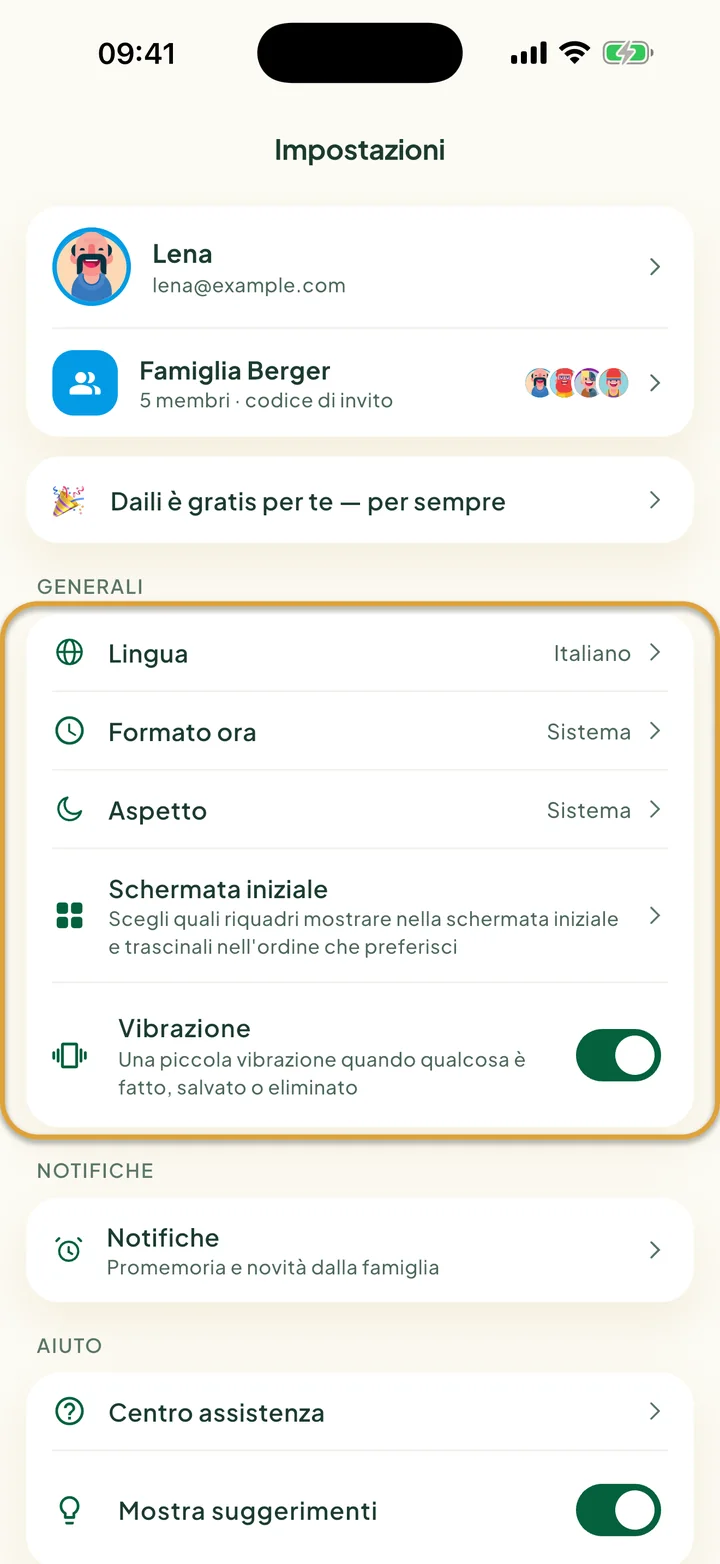 La schermata Impostazioni. La scheda Generali con Lingua, Formato ora, Aspetto, Schermata iniziale e Vibrazione è cerchiata.
