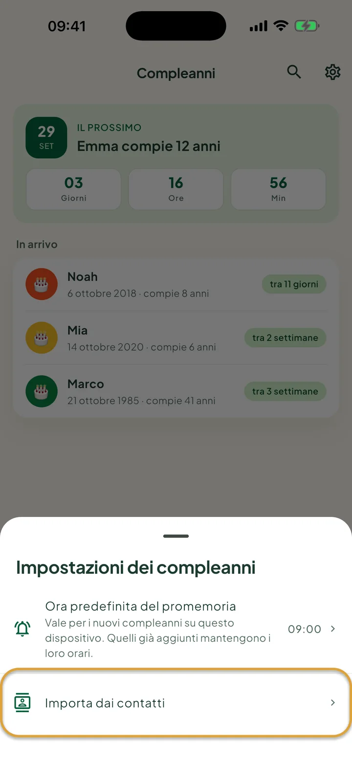 Il pannello delle impostazioni dei compleanni. La riga Importa dai contatti è cerchiata.