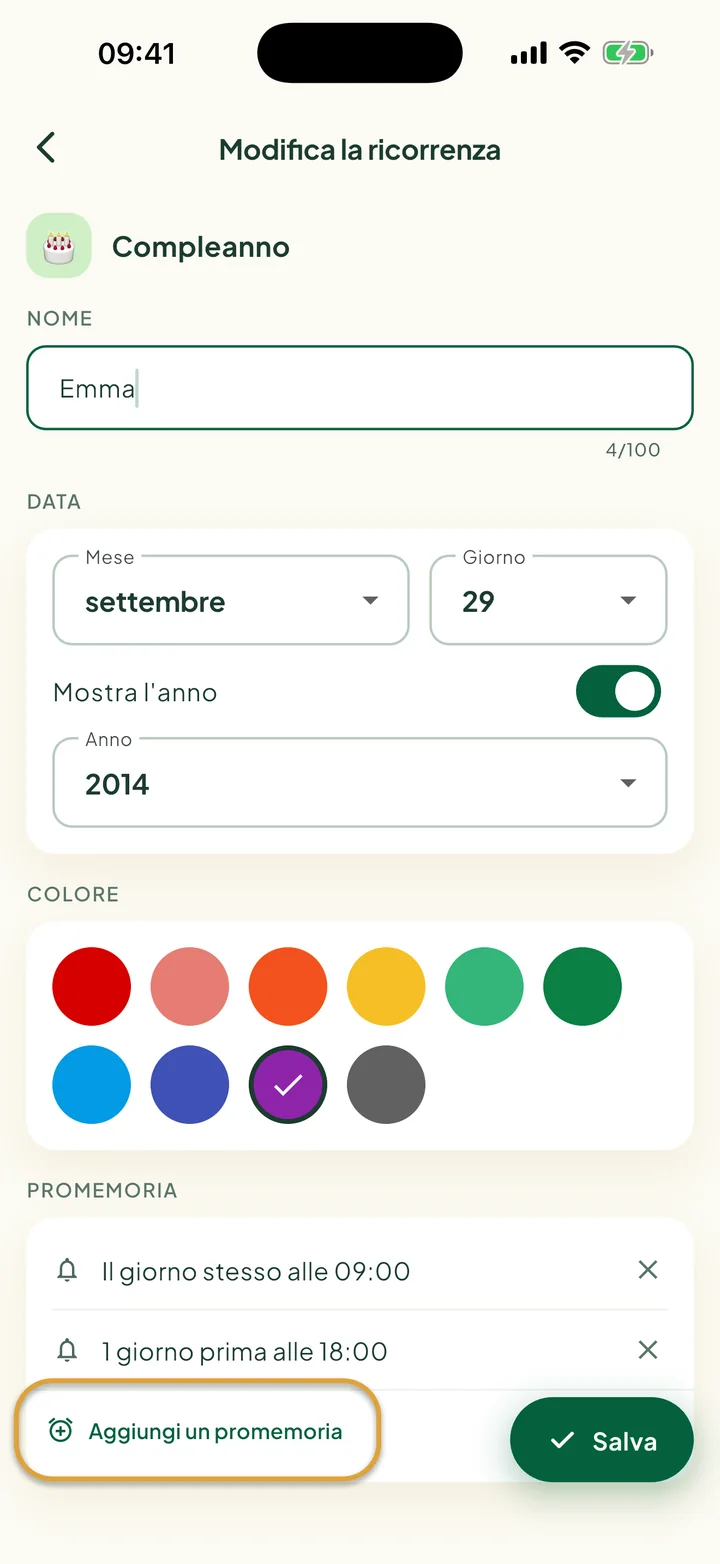 La schermata di modifica della ricorrenza con due promemoria. Il pulsante Aggiungi un promemoria è cerchiato.