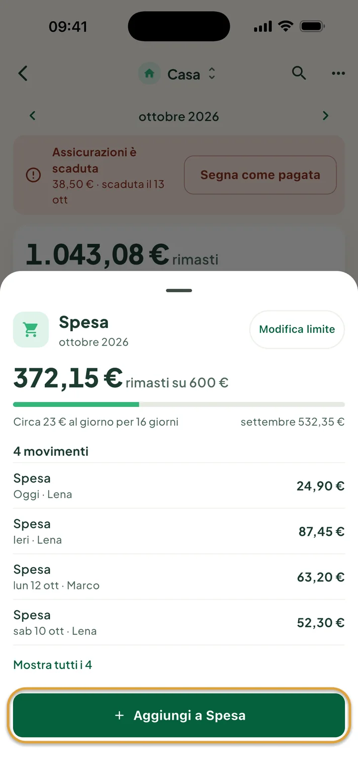 La scheda Spesa: 372,15 € rimasti su 600 € e quattro movimenti. Il pulsante Aggiungi a Spesa è cerchiato.