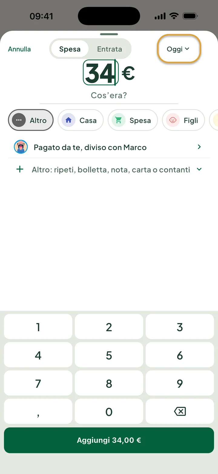 Una spesa di 34 € inserita con il tastierino. Il pulsante Oggi in alto è cerchiato.