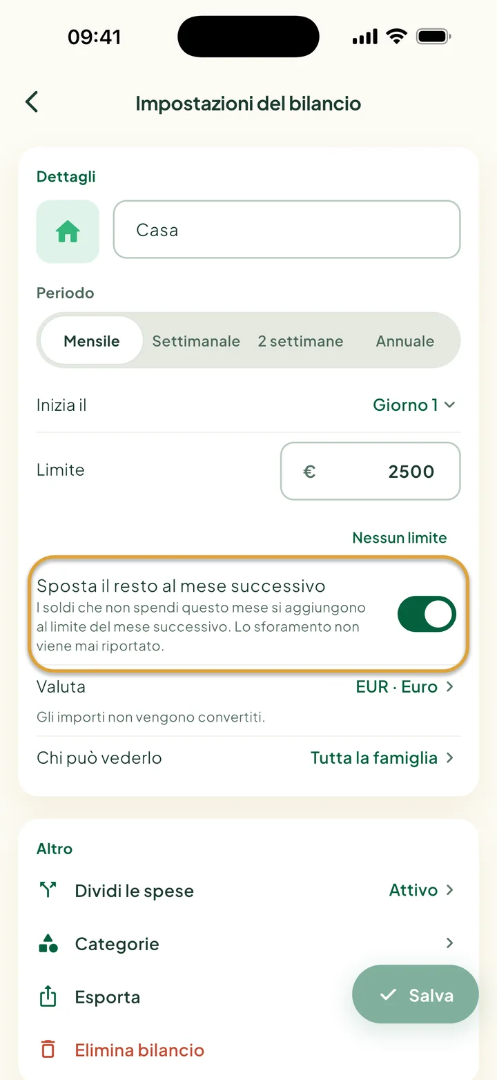 Le impostazioni del bilancio con Sposta il resto al mese successivo attivo. L'interruttore è cerchiato.