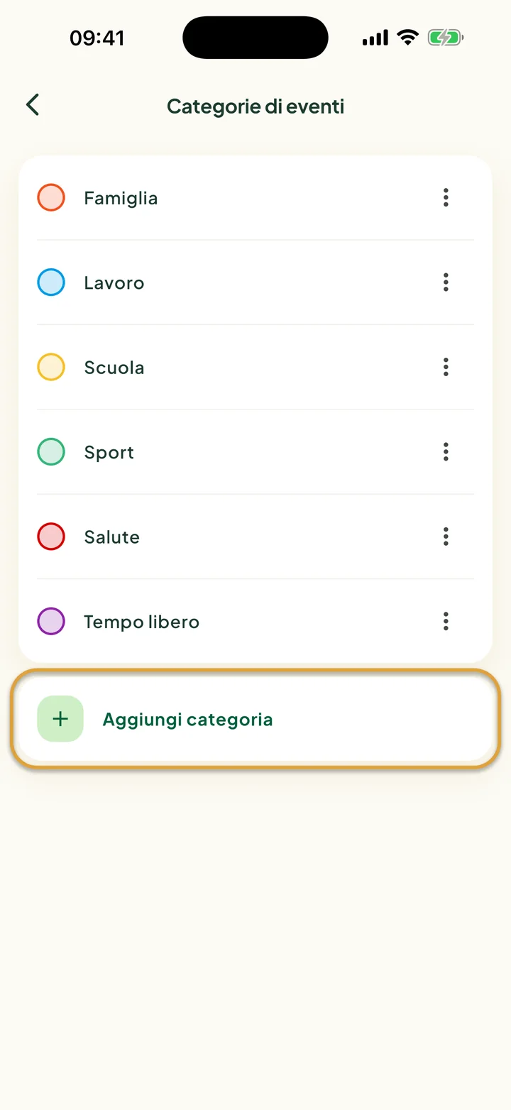 La schermata Categorie di eventi con sei categorie. La riga Aggiungi categoria è cerchiata.