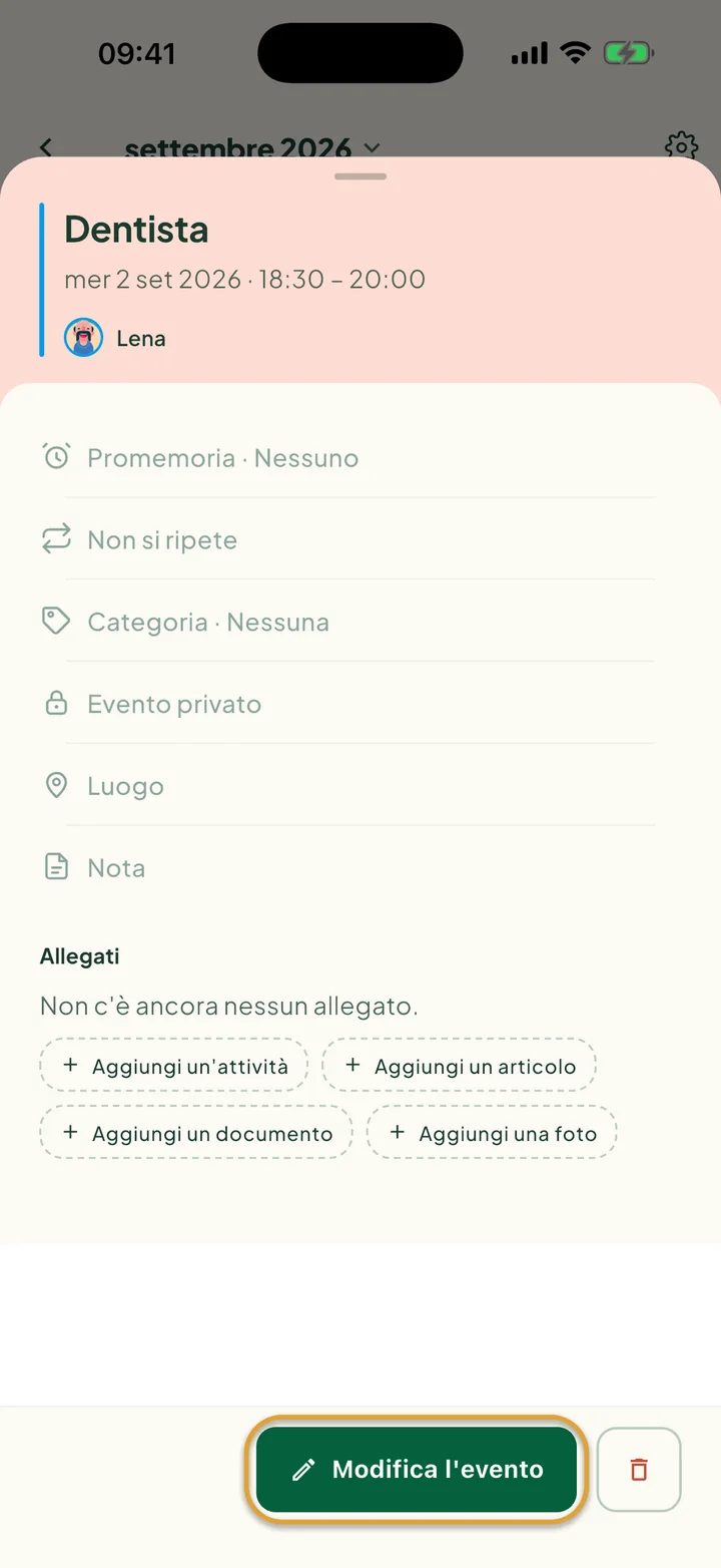 Un evento aperto dal calendario. Il pulsante Modifica l'evento è cerchiato, con accanto il pulsante per eliminare.