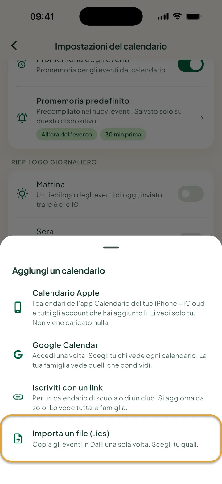 Il foglio Aggiungi un calendario nelle impostazioni del calendario. Importa un file (.ics) è cerchiato.