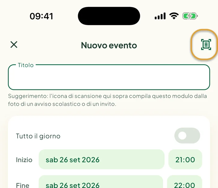 La schermata Nuovo evento. L’icona di scansione in alto a destra è cerchiata.