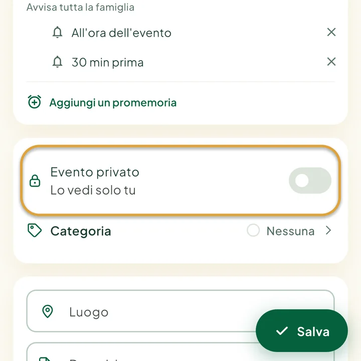 Il modulo dell'evento. L'interruttore Evento privato è cerchiato.