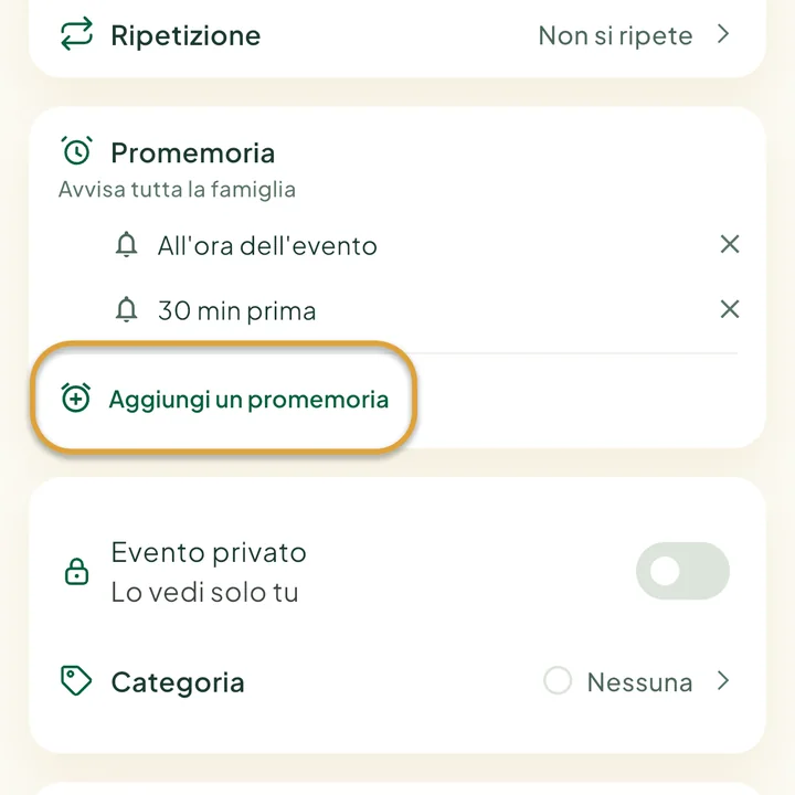 La sezione Promemoria del modulo dell'evento con due promemoria. Il pulsante Aggiungi un promemoria è cerchiato.