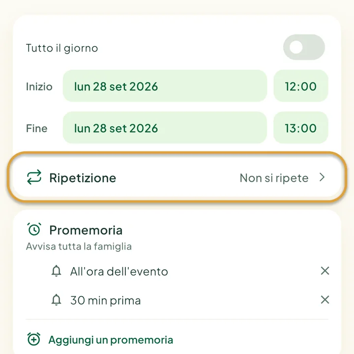 Il modulo del nuovo evento. La riga Ripetizione è cerchiata.