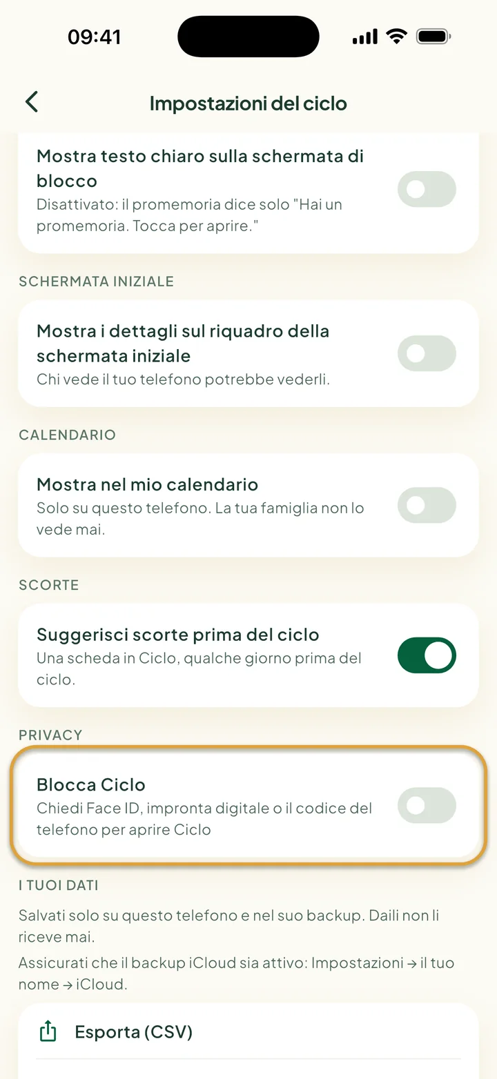 Impostazioni del ciclo con Mostra nel mio calendario, l'interruttore delle scorte, Esporta e Importa. Blocca Ciclo è cerchiato.