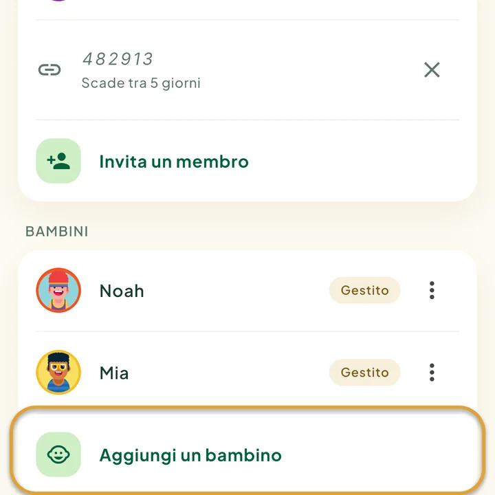 La sezione Bambini nella schermata Famiglia con due bambini. La riga Aggiungi un bambino è cerchiata.
