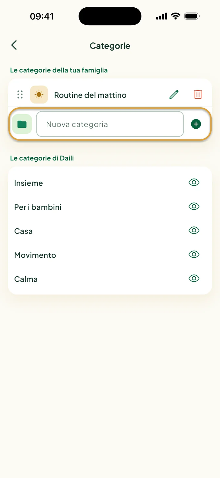 La schermata Categorie con la categoria Routine del mattino. Il campo Nuova categoria è cerchiato.