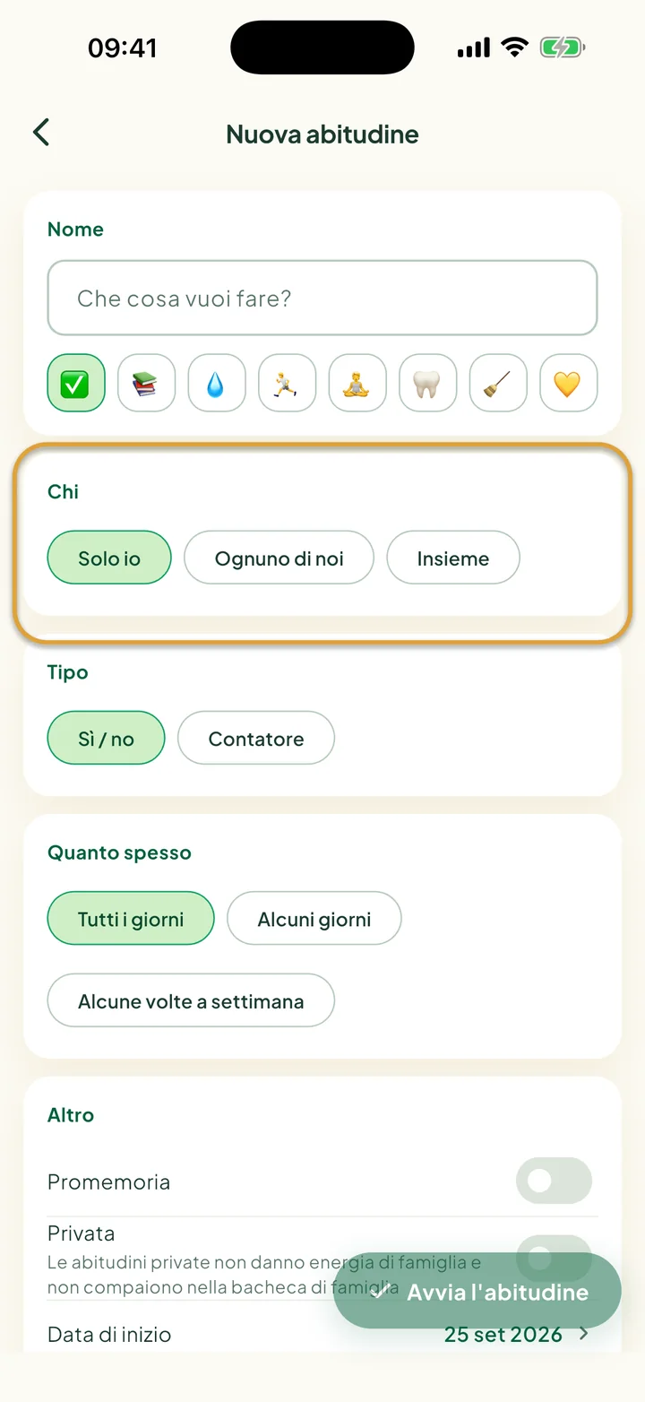 Il modulo della nuova abitudine. Le scelte di Chi, Solo io, Ognuno di noi e Insieme, sono cerchiate.
