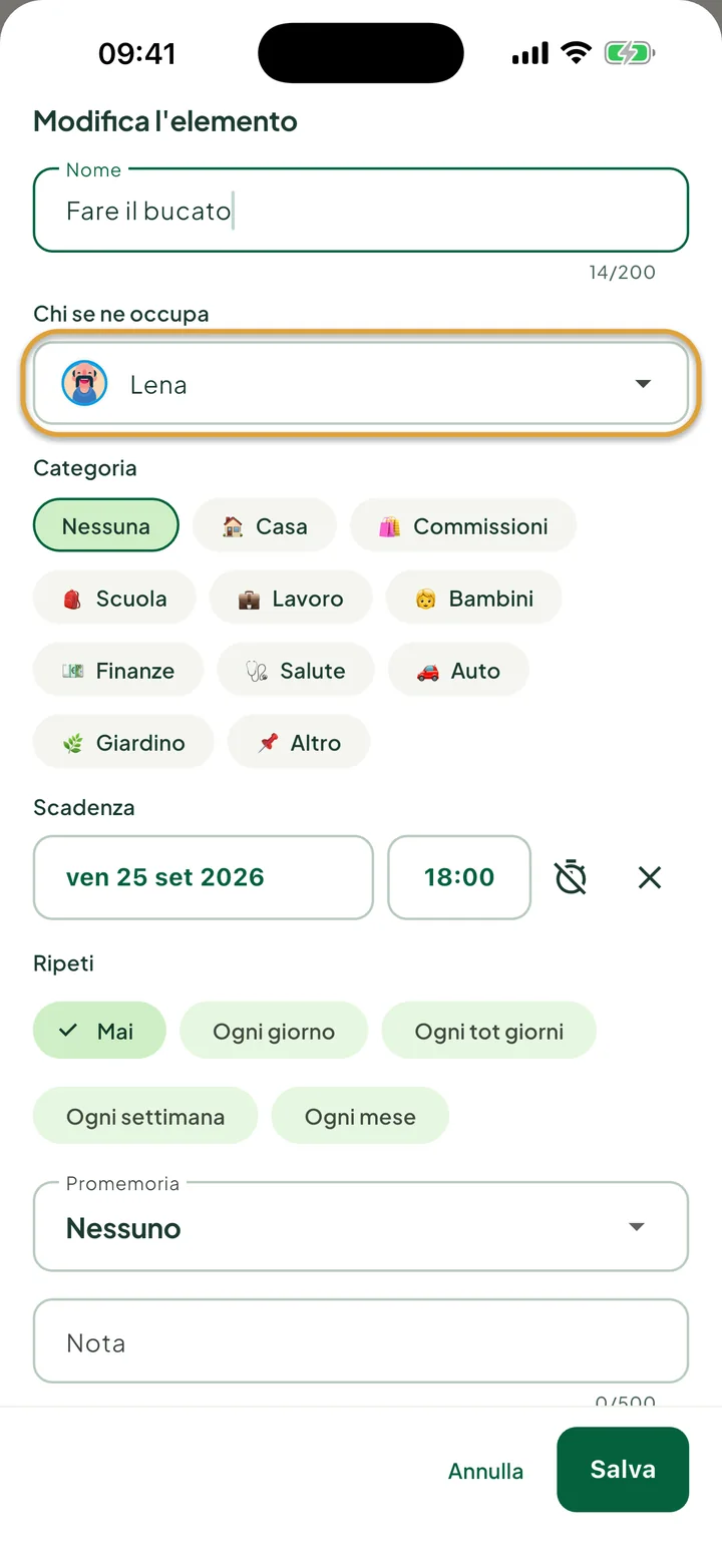 Il pannello di modifica di un'attività. Il campo Chi se ne occupa, impostato su Lena, è cerchiato.