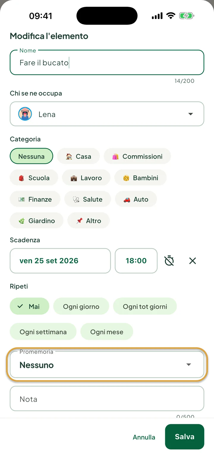 Il pannello di modifica di un'attività con scadenza e orario. Il campo Promemoria è cerchiato.
