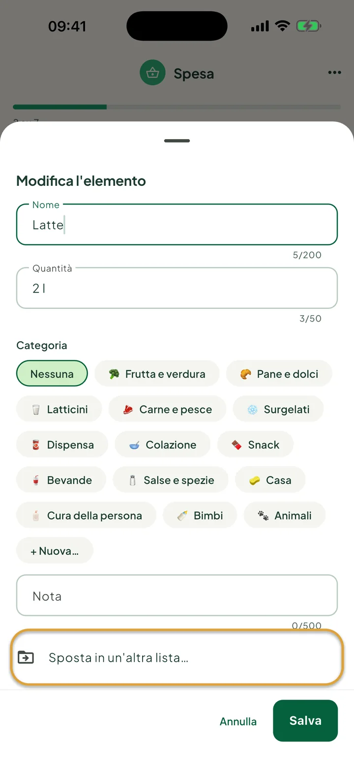 Il pannello di modifica di Latte. La riga Sposta in un'altra lista… è cerchiata.