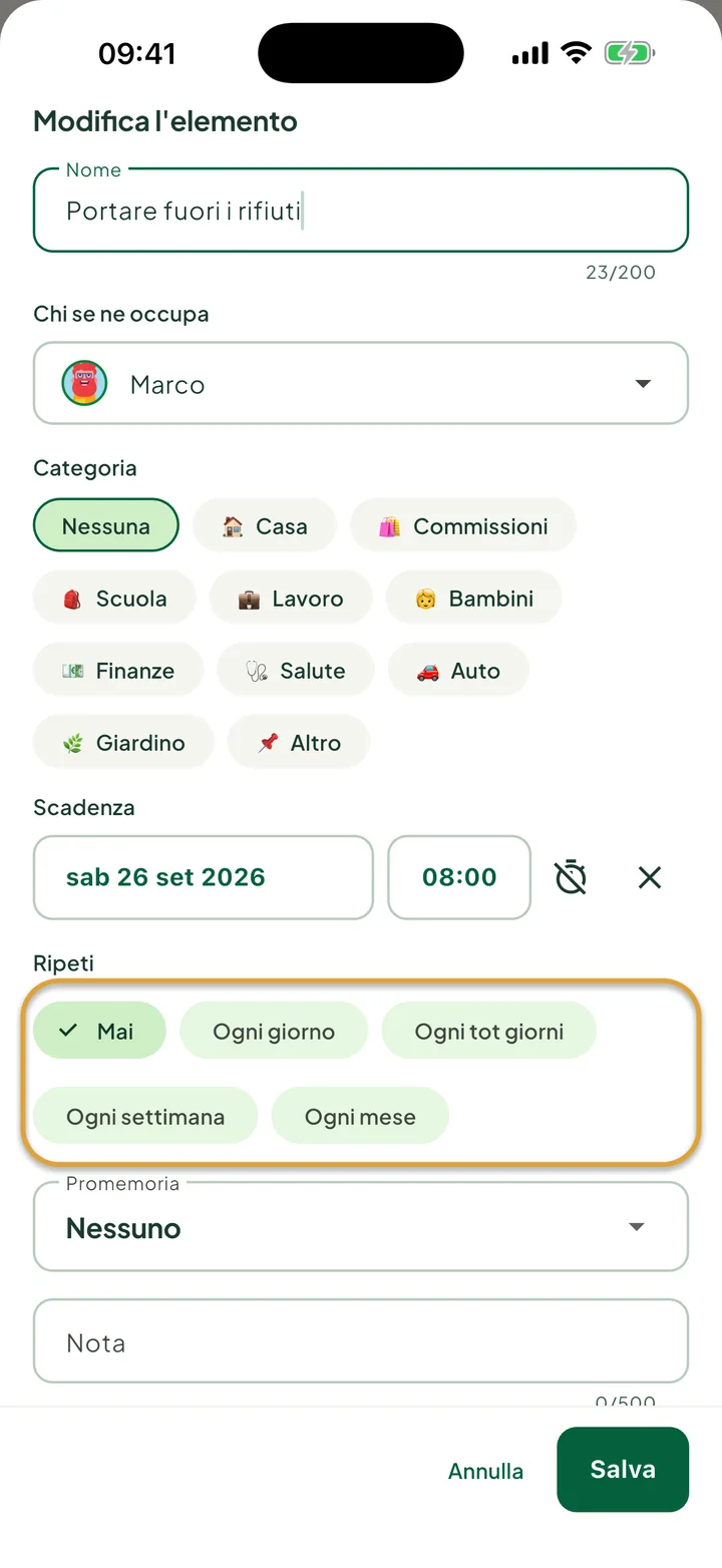Il pannello di modifica di un'attività. Le scelte di Ripeti, Nessuna, Ogni giorno, Ogni tot giorni, Ogni settimana e Ogni mese, sono cerchiate.
