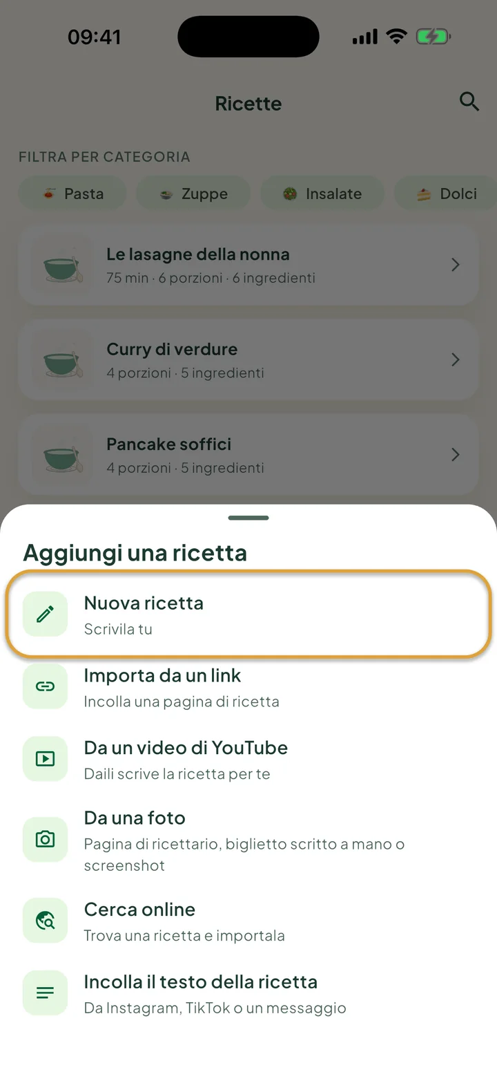 La schermata Ricette con il menu + aperto. Nuova ricetta è cerchiato.