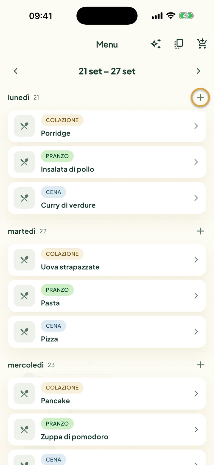Il Menu di una settimana. Il + accanto a lunedì è cerchiato.