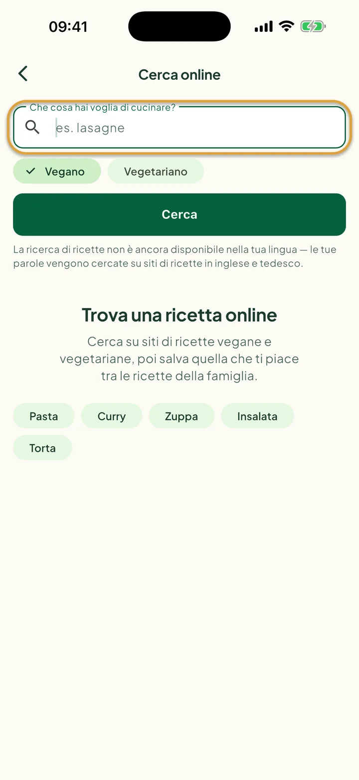 La schermata Cerca online. Il campo Che cosa hai voglia di cucinare? è cerchiato.