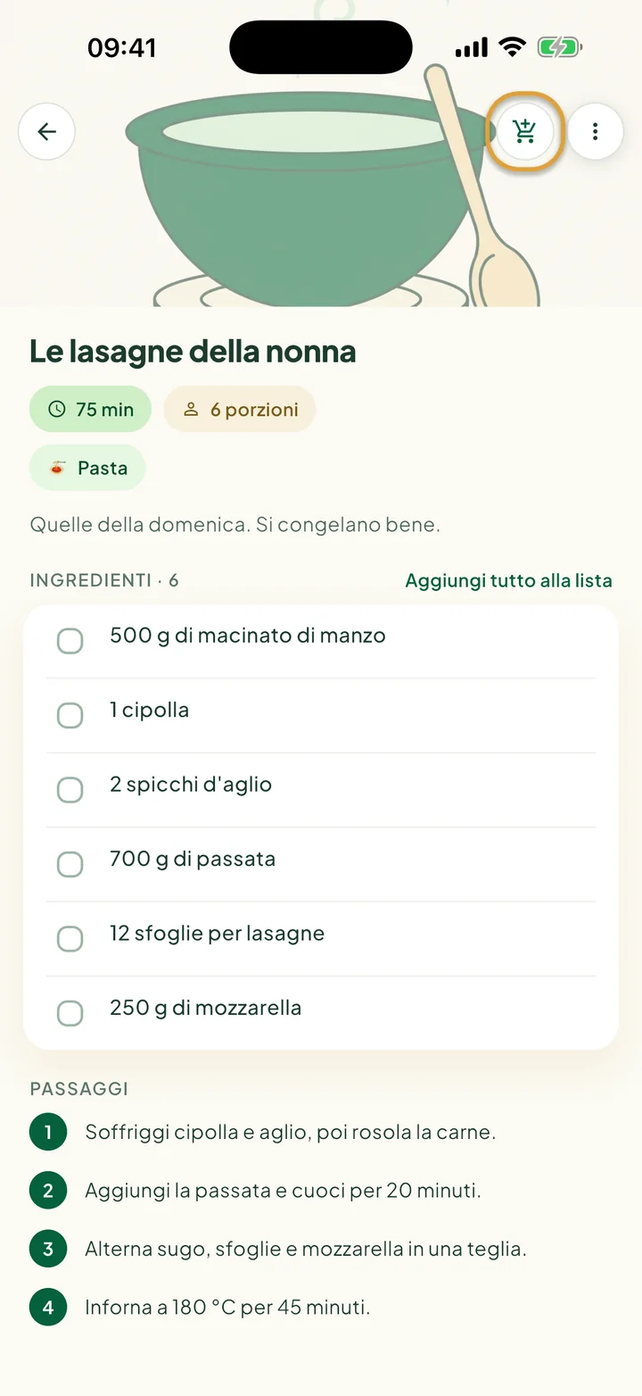 Una ricetta con i suoi ingredienti. Il pulsante del carrello in alto è cerchiato.