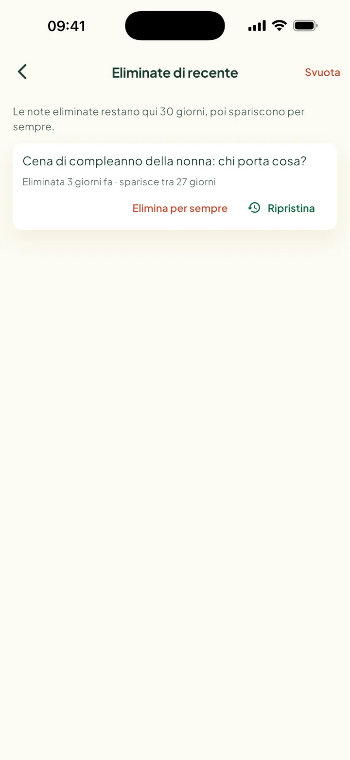 Eliminate di recente. Una nota, che sparisce tra 27 giorni, con Elimina per sempre e Ripristina.