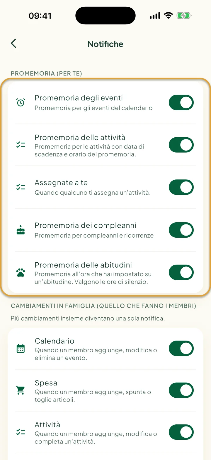La schermata Notifiche. Il gruppo Promemoria (per te) con i suoi cinque interruttori è cerchiato.