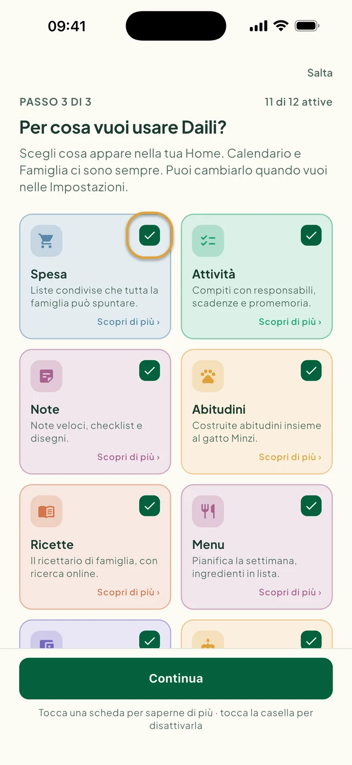 Le schede delle funzioni. La casella sulla scheda Spesa è cerchiata.