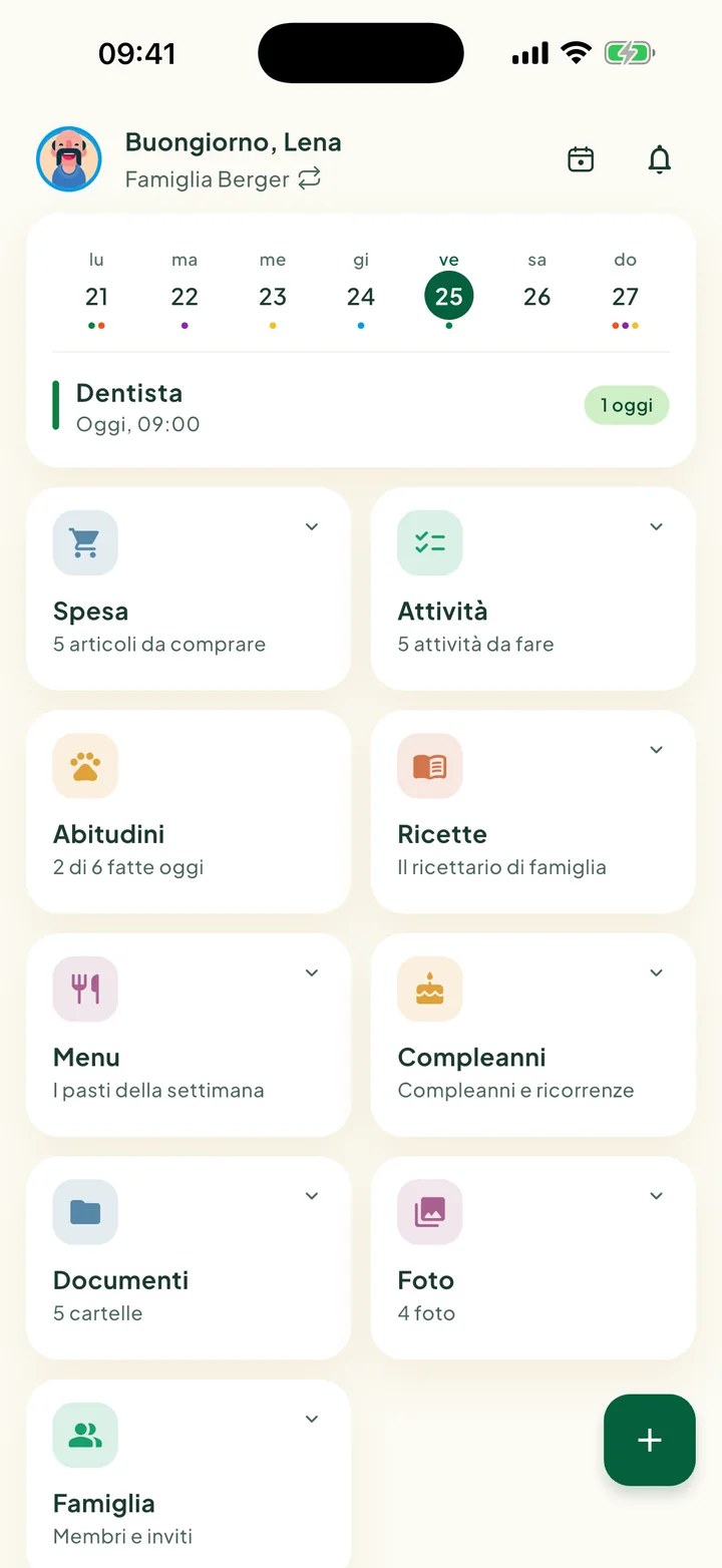 La schermata iniziale con la scheda della settimana e i riquadri