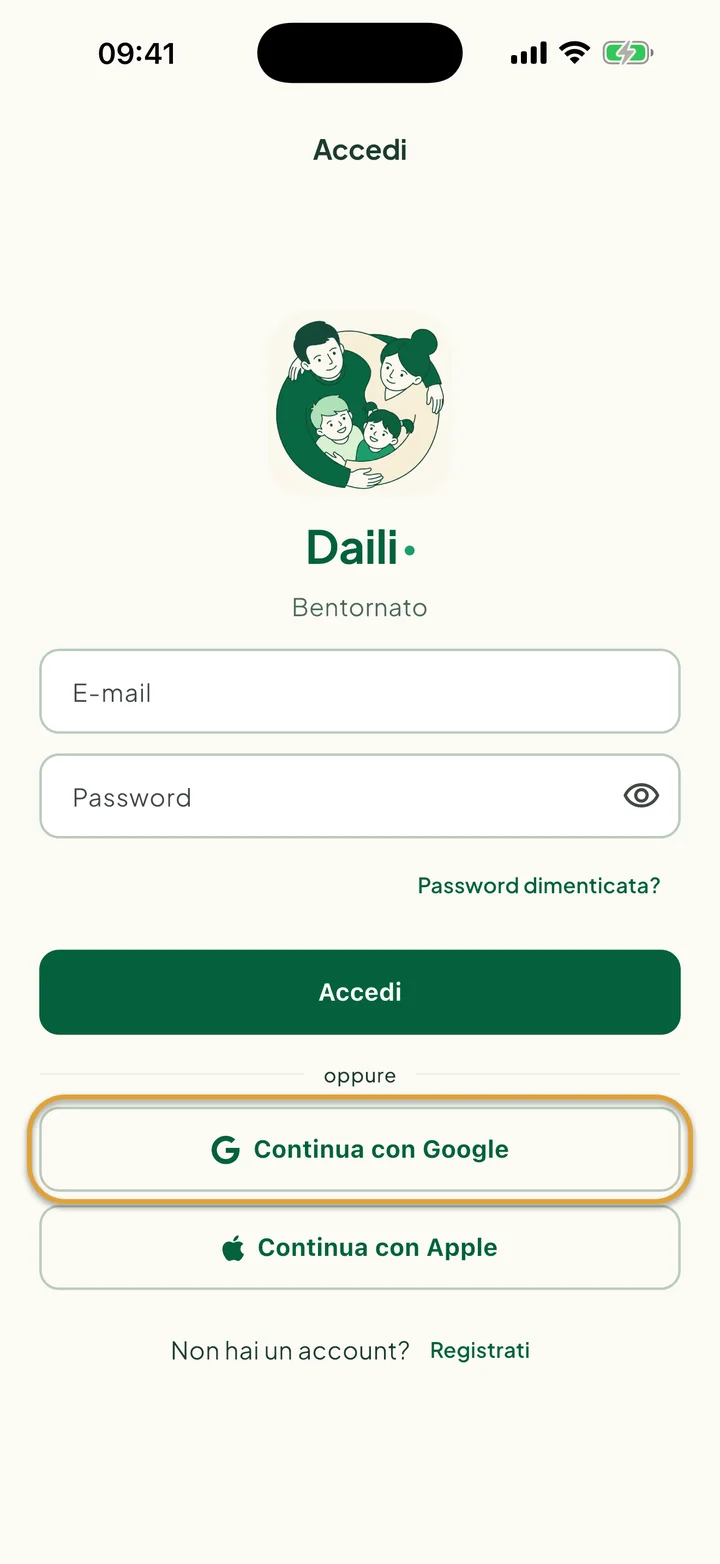 La schermata Accedi. Il pulsante Continua con Google è cerchiato.