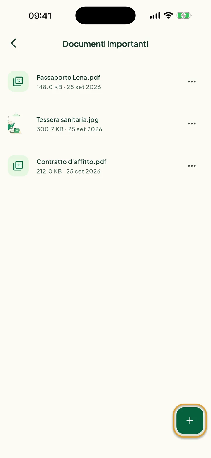La cartella Documenti importanti con tre file. Il pulsante + in basso a destra è cerchiato.