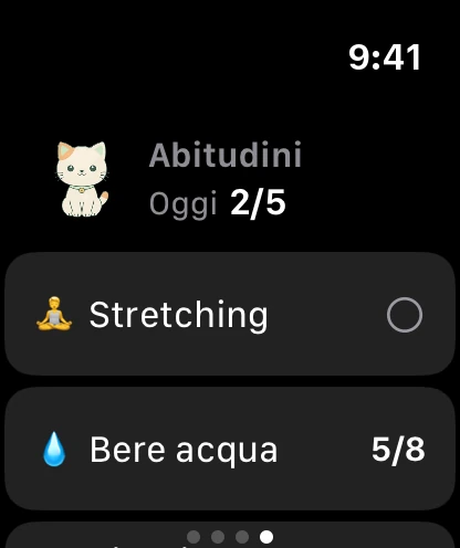 La pagina Abitudini sull'orologio: Minzi, 2 su 5 fatte oggi, e le prime abitudini.