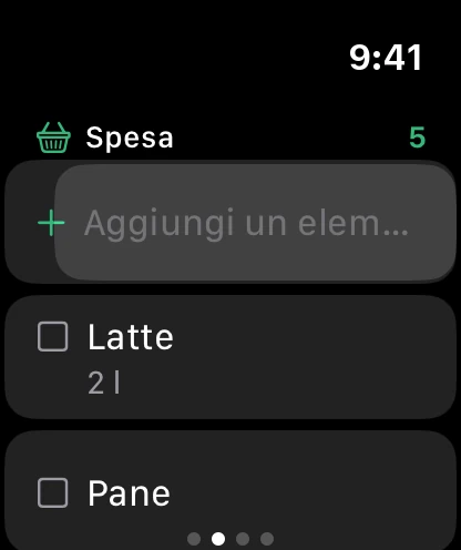 La lista della spesa sull'orologio, con Aggiungi un elemento in alto.