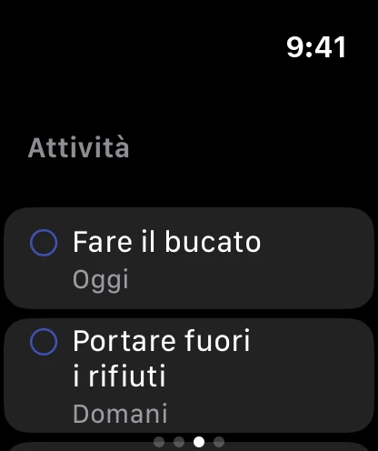La pagina Attività sull'orologio con due attività aperte, in scadenza oggi e domani.